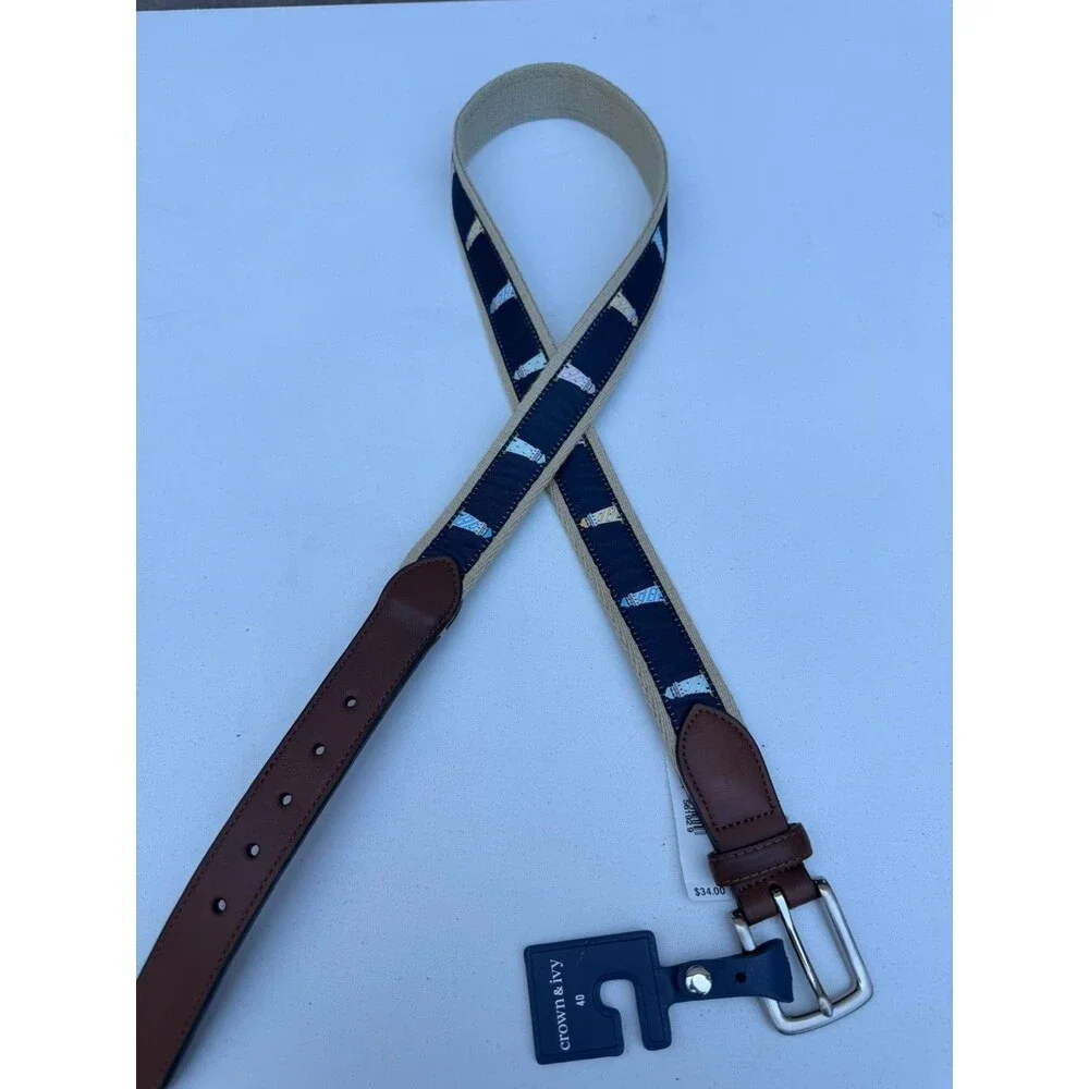 Crown & Ivy Men’s Belt Size 40 Navy Lighthouse Nautical Embroidered Leather NWT
